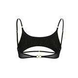 Bandeau bra,  cut-out,  elástico,  japonés,  suave,  delicado,  sensual,  colección erótica,  dorado,  femenino, modelo fondo blanco