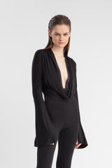 Bodysuit, viscosa, elástico, escote drapeado, cowl, jeans, pantalón, elegante, negro, suave, pelo lacio
