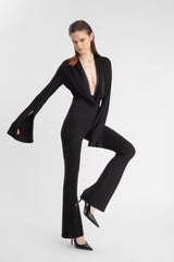 Bodysuit, viscosa, elástico, escote drapeado, cowl, jeans, pantalón, elegante, negro, suave, pelo lacio, morena