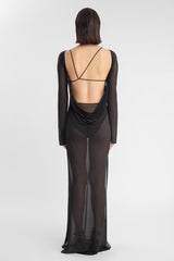 Claudia, vestido, malla, escote, espalda abierta, sensual, verano, noche, vacaciones, modelo pelo corto, fondo blanco, look completo, parte de atras.
