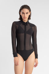 Bodysuit, camisa, thong, elegante, malla, transparente, cuello, puños, negro, vaquero.
