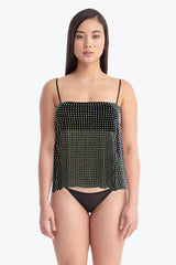 Swarovski, top, largo, cristal, brillo, noche, elegante, ajustado, suave, modelo caucasica, asiatica, look casual, parte delantera