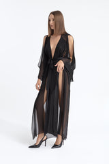 Valentina, Robe, Negra, Seda, Paneles, Transformable, Vestido, Interior, Exterior, Modelo, Fondo, Look, Parte de., Modelo pose editorial, Fondo blanco, Look completo, Parte frontal