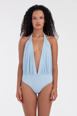 Bodysuit, azul bebé, halter, drapeado, g-string, setentas, disco, versátil, forrado, copa A-B.