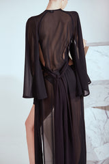 Valentina, Robe, Negra, Seda, Paneles, Transformable, Vestido, Interior, Exterior, Modelo, Fondo, Look, Parte de., Modelo pose editorial, Fondo blanco, Look completo, Parte frontal