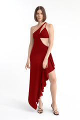 Anne, vestido, asimétrico, rojo, volantes, cóctel, elegante, sensual, único, modelo pelo corto, fondo blanco, look completo, parte delantera.