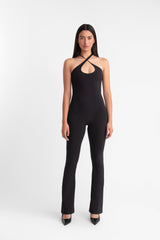 Catsuit, asimétrico, cut-out, espalda abierta,  bootcut, bambú,  sensual,  elegante,  negro,  atrevido, modelo pelo largo, fondo blanco