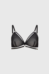 Triangle bra, elástico, jaula, doble cierre, ajustable, cómodo, juguetón, elegante, lencería, negro, modelo con fondo blanco