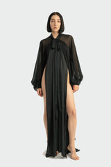 Bata,  fluida,  seda,  elegante,  seductora,  glamorosa,  interior,  exterior,  negro,  femenina.