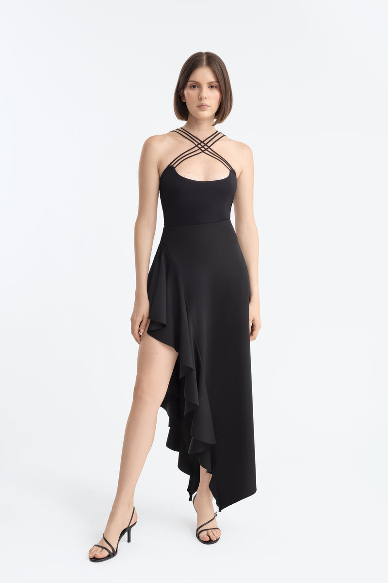 ANNE ASYMMETRIC RUFFLES SKIRT BLACK