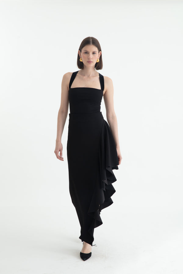 ANNE ASYMMETRIC RUFFLES SKIRT BLACK